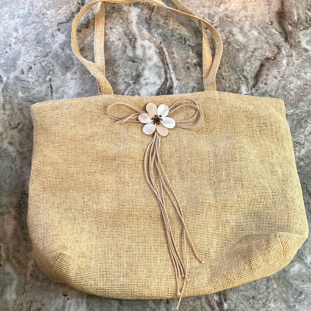 Burlap Tote Bag With Shell & Bead Accent
